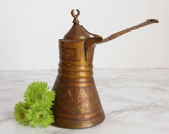 Antique Turkish Etched Copper Coffee Pot - Turkish Coffee Tea Maker - Copper Coffee Pot