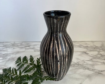 Japanese Pottery Vase - Vintage Asian Black Pottery White Stripes