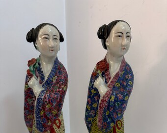 Vintage Geisha Statues Porcelain Asian Kutani Chinoiserie Decor
