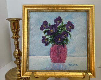 Vintage Still Life Violets in Vase Acrylic on Board Original Signed Framed Art