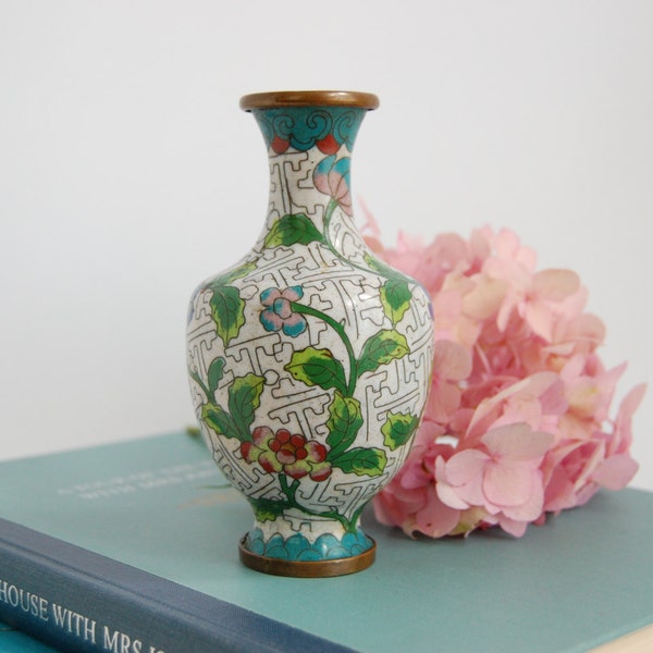 Cloisonne Vase - Antique Brass Enamel Vase - Asian Chinoiserie Chic