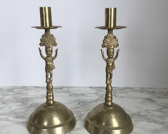 Vintage Candlesticks Pair Silver Metal Candle Holders Inca Peru