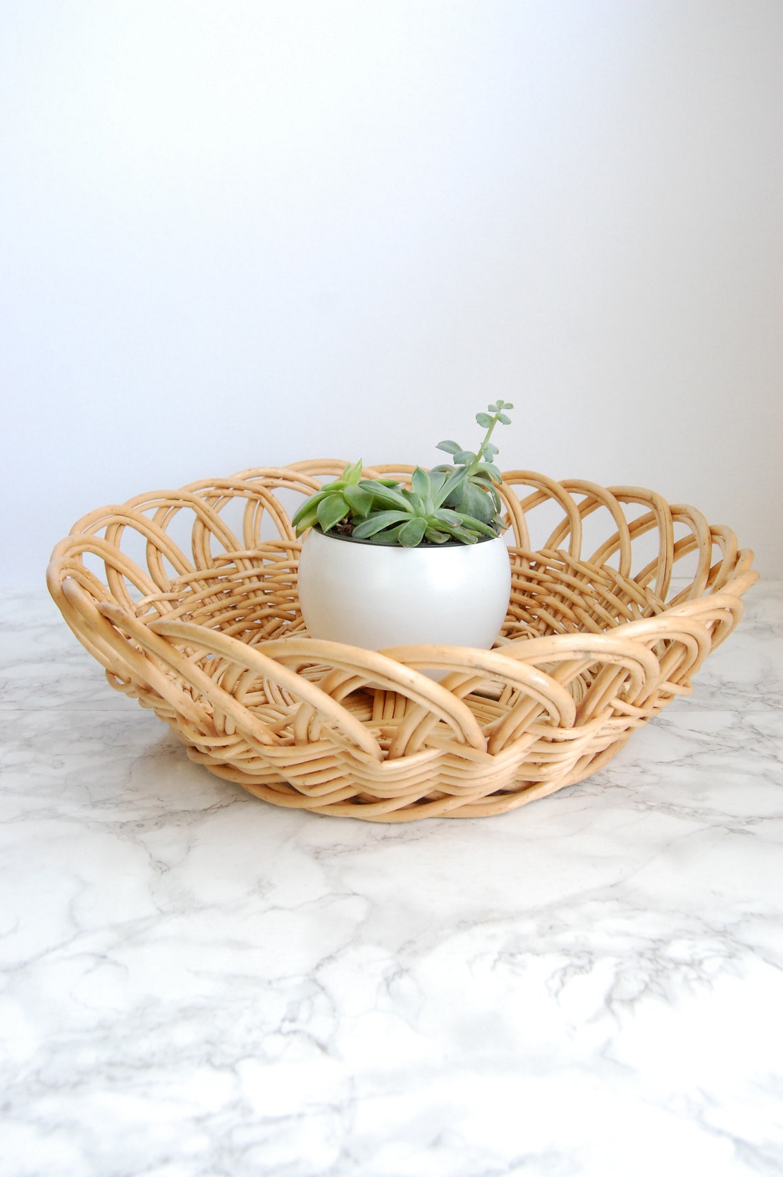 Vintage Woven Chunky Basket Round Large Basket Tray Boho Decor Etsy