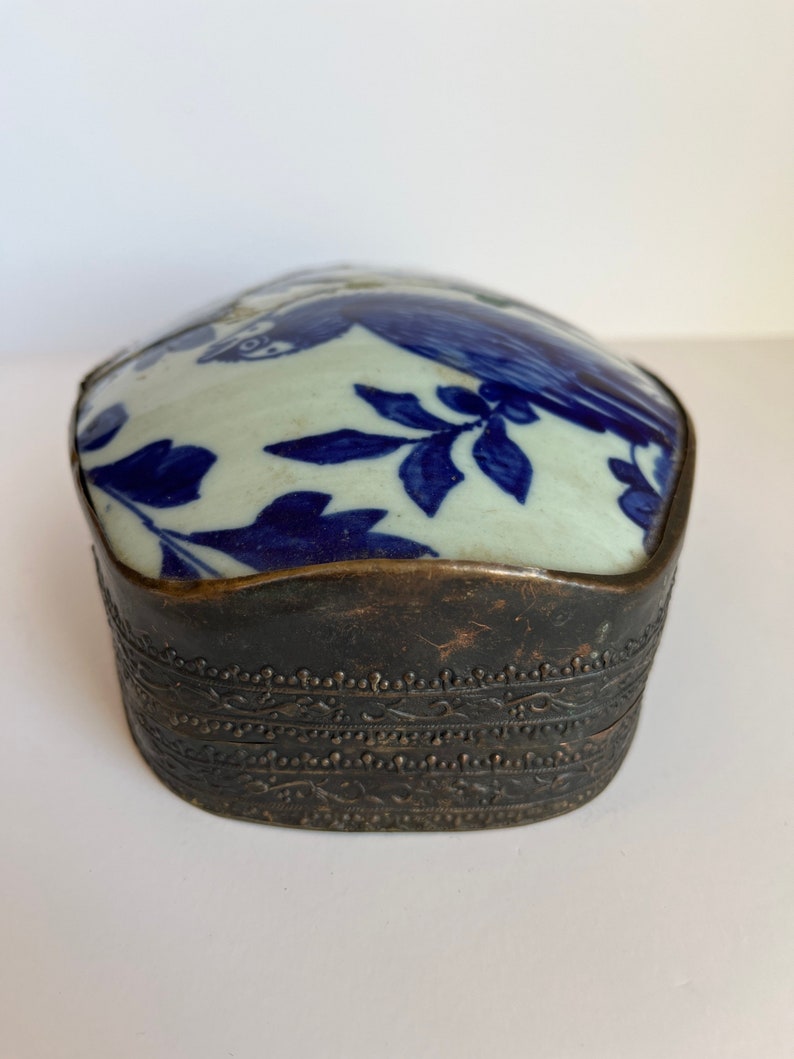 Blue and White Porcelain Chinoiserie Box Silver Lidded Jewelry Box image 6