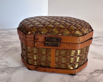 Woven Box Basket - Woven Box with Brass - Hinged Bamboo Lidded Box - Woven Chest