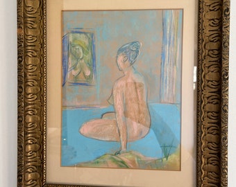 Vintage Pastel Nude Portrait Original Signed Framed Art 1968