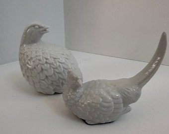 Porcelain Quail Statues - Bird Figurines - Whiteware Stoneware Chinoiserie Chic Decor