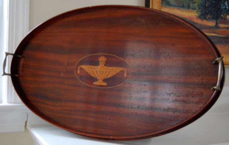 Antique Large Oval Wood Inlay Serving Tray with Brass Handles Etsy