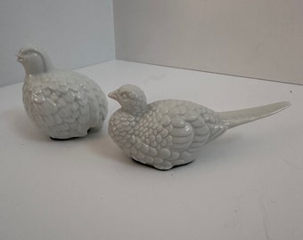 Porcelain Quail Statues - Bird Figurines - Whiteware Stoneware Chinoiserie Chic Decor