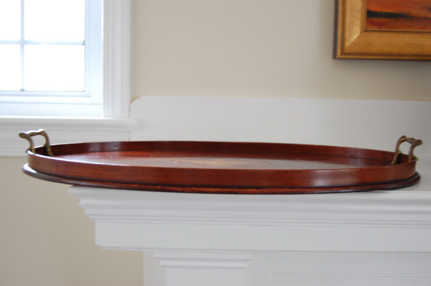 Antique Large Oval Wood Inlay Serving Tray with Brass Handles Etsy