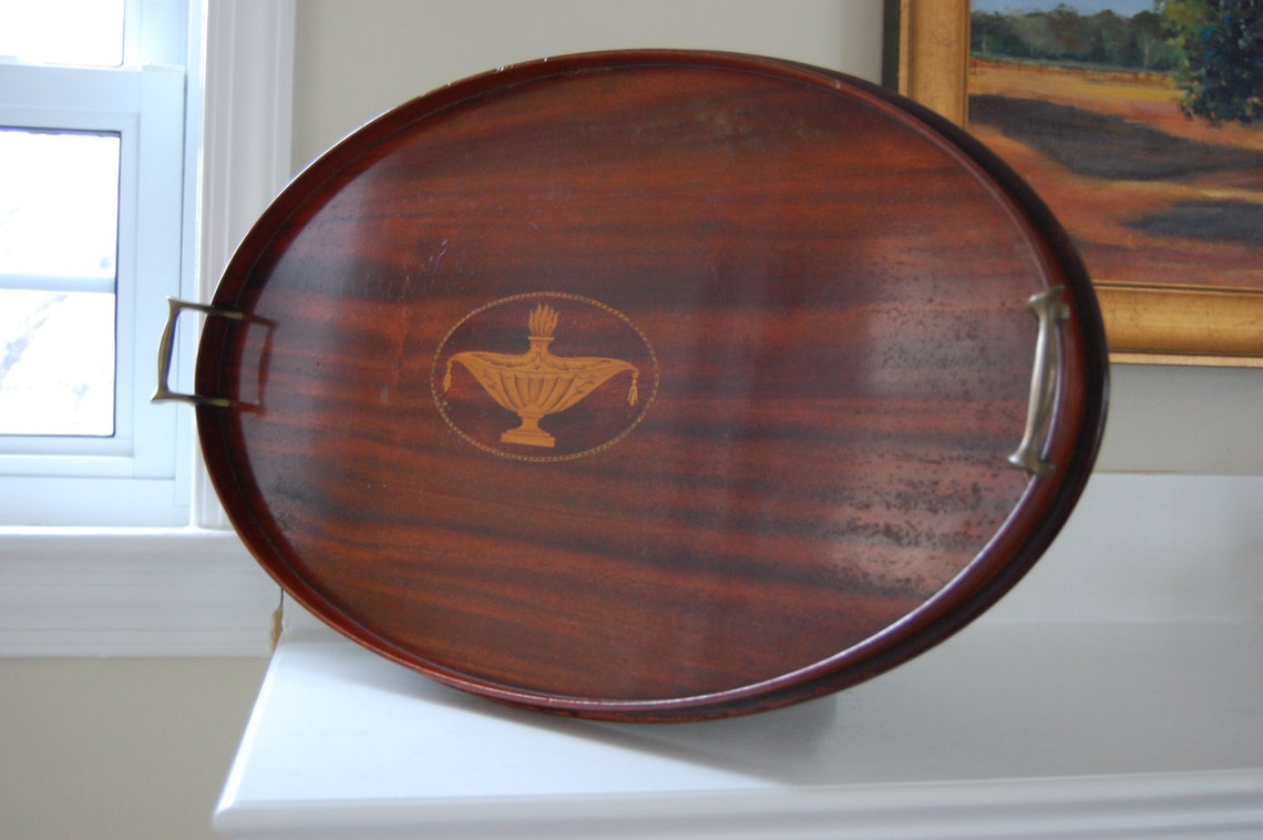 Antique Large Oval Wood Inlay Serving Tray with Brass Handles | Etsy