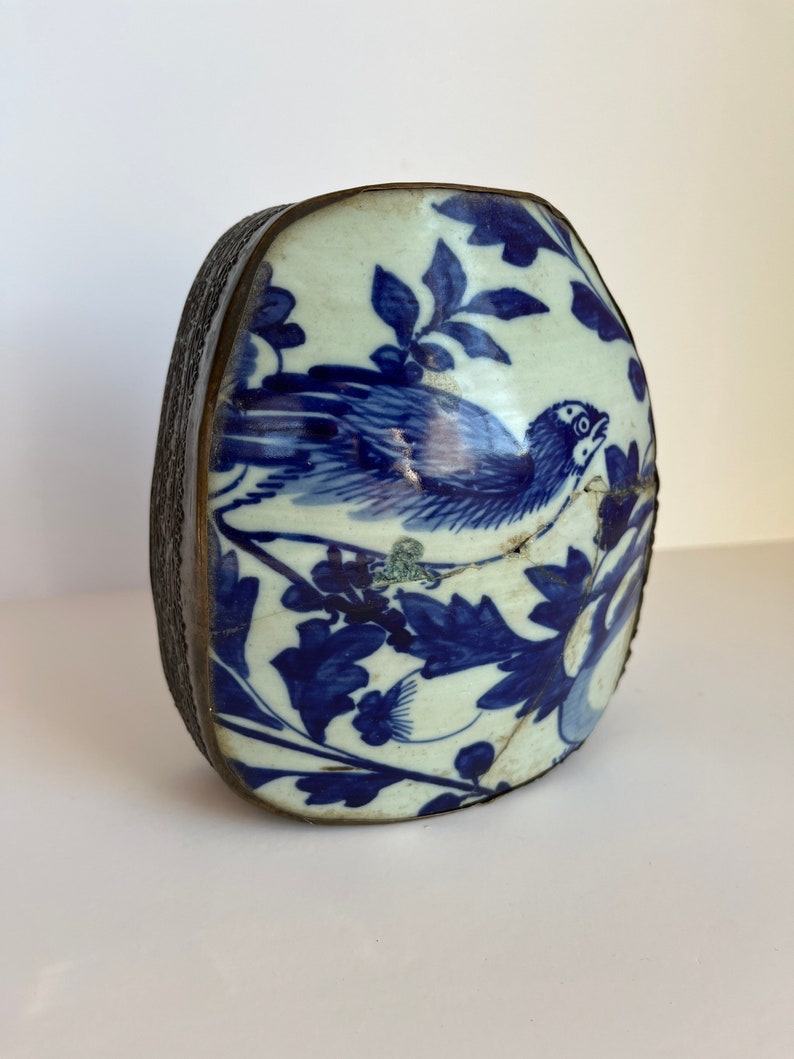 Blue and White Porcelain Chinoiserie Box Silver Lidded Jewelry Box image 1