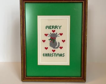 Vintage Framed Car Christmas Embroidery Needlepoint in Gilt Frame and Green Mat