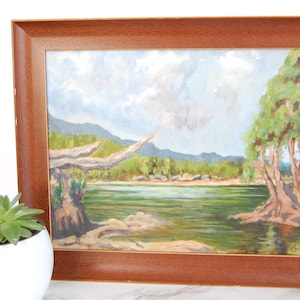 Vintage Oil Painting Lakeside Landscape Original Signed Framed Oil on Canvas