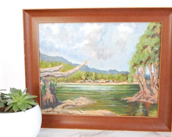 Vintage Oil Painting Lakeside Landscape Original Signed Framed Oil on Canvas