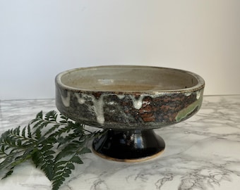 Studio Pottery Bowl Footed Bowl Green Glaze Vintage Hand Made Pottery Boho Decor