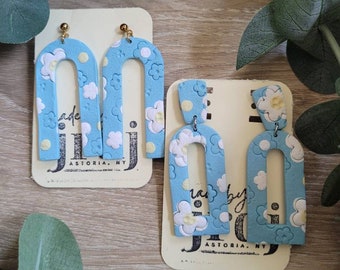 flower textured long arch polymer clay earrings, with ball posts (surgical steel / gold plated surgical steel) - hypoallergenic