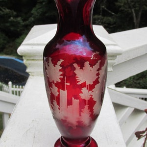Bohemian Glass - Ruby Glass Vase with Castle and Crane Design - Antique - Free Shipping