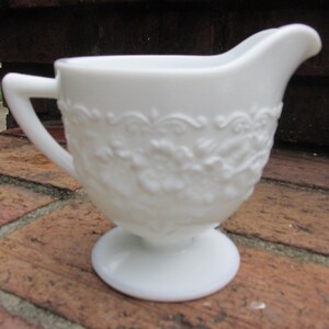 Creamer - Milk Glass Milk Jug with Floral Band - Vintage