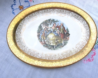Small Oval Platter with Hand Painted Gold Border - Crest-O-Gold China Plate with Courting Couple - Vintage