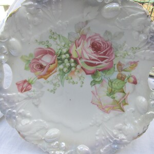 Cake Plate with Roses and Iridescent Glazed Rim - German China - Vintage - Free Shipping