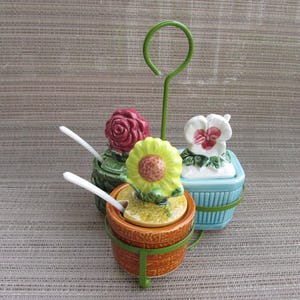 Trio of Jam Pots in Metal Carrier