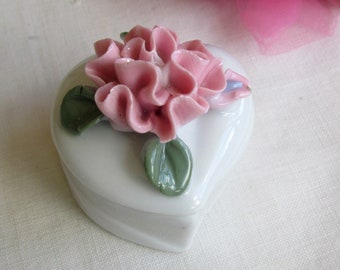 China Heart Box with China Flower on Lid - Vintage