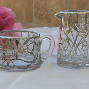 Creamer and Sugar - Silver Overlay on Glass - Vintage