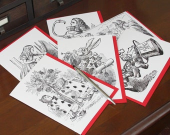 Set of 6 cards w/ colored envelopes - 5x7 Greeting Card Set with Vintage Alice in Wonderland artwork