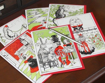 Set of 6 cards w/ colored envelopes - 5x7 Greeting Card Set with Vintage Alice in Wonderland artwork