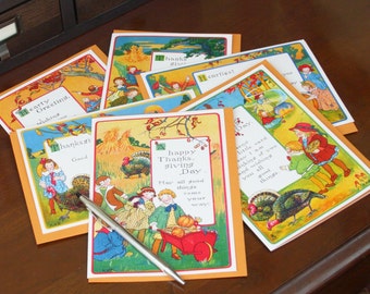 Frameable 5x7 Greeting Card Set with Vintage Thanksgiving Artwork (6 Card Set with colored envelopes)