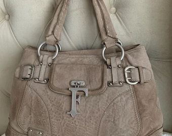 Bolso de mano vintage Ferre, grande, forrado, de piel beige, fabricado en Italia, con herrajes plateados