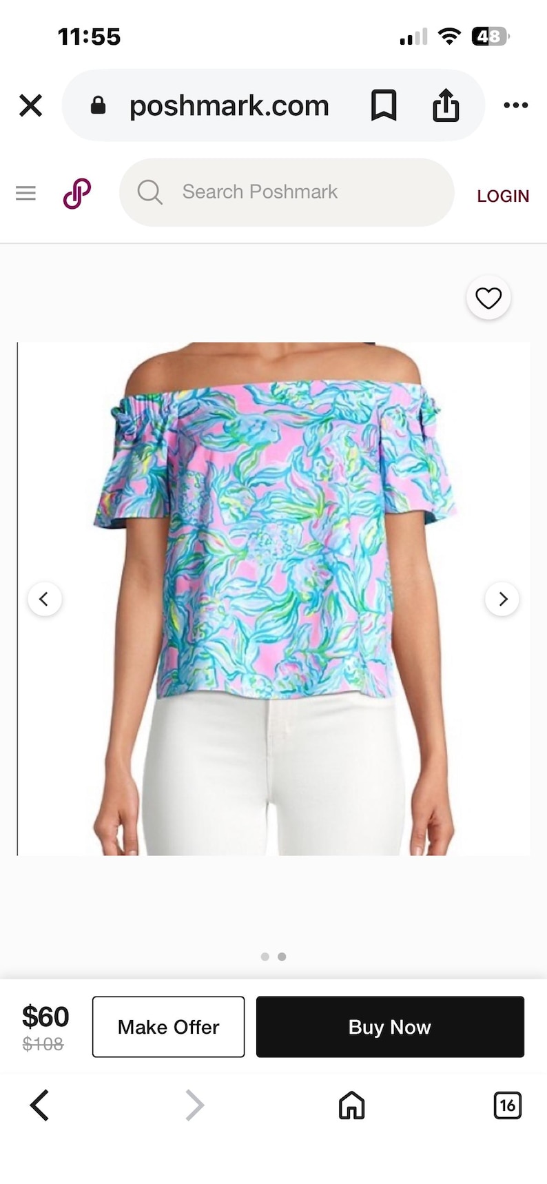 Puede incluir: Top con hombros descubiertos con un vibrante estampado floral en rosa, azul y verde. El top tiene mangas cortas y se combina con pantalones blancos. Es una prenda de vestir para mujer.