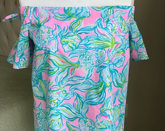 Top Lilly Pulitzer TAMARA, color rosa pelícano, con lazo azul, talla M