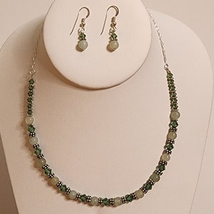 Handmade Jade & Crystal Necklace Earring Set: Silver Plated, 17 Inch