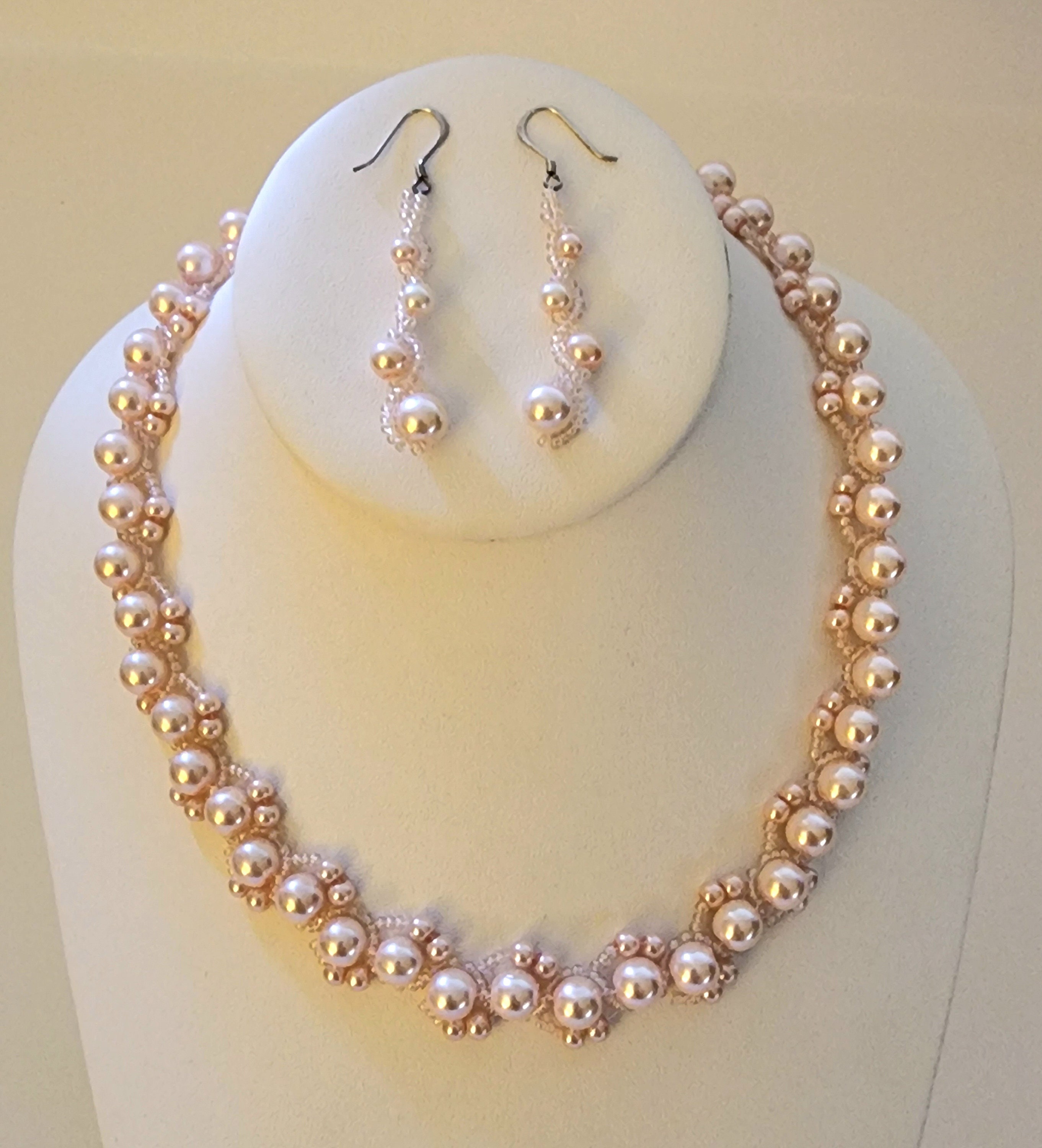 Pink Bead Woven Pearl Necklace and Earrings - Etsy