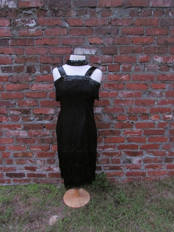 Charcoal Black Dark Silver Beaded Belt 1920s Flapper Dress Great Gatsby Vtg 1025