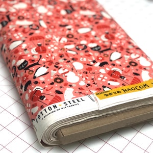 Cotton + Steel Quirky Christmas | Waku Waku Christmas | Donuts Snowmen Cat Santas | Coral Unbleached Fabric By the Half Yard Cotton Fabric