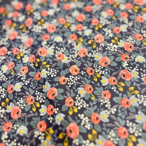 Cotton + Steel Rifle Paper Co - Les Fleurs Collection - Rosa in Navy Fabric By the Half Yard Cotton Fabric Rifle Paper Co