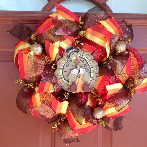 Deco Mesh Fall Thanksgiving Mini Wreath for Door or Wall Decor - Autumn Wreath - Red Yellow Brown Orange Ribbon Wreath - Turkey Gold Thin