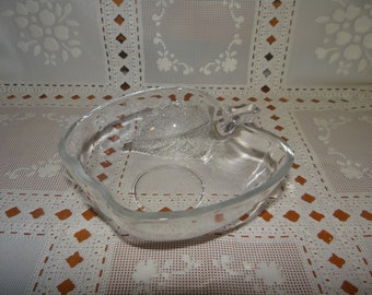 Vintage Clear Apple Dish with Etched Leaf.. Tiny CHIP In The Stem