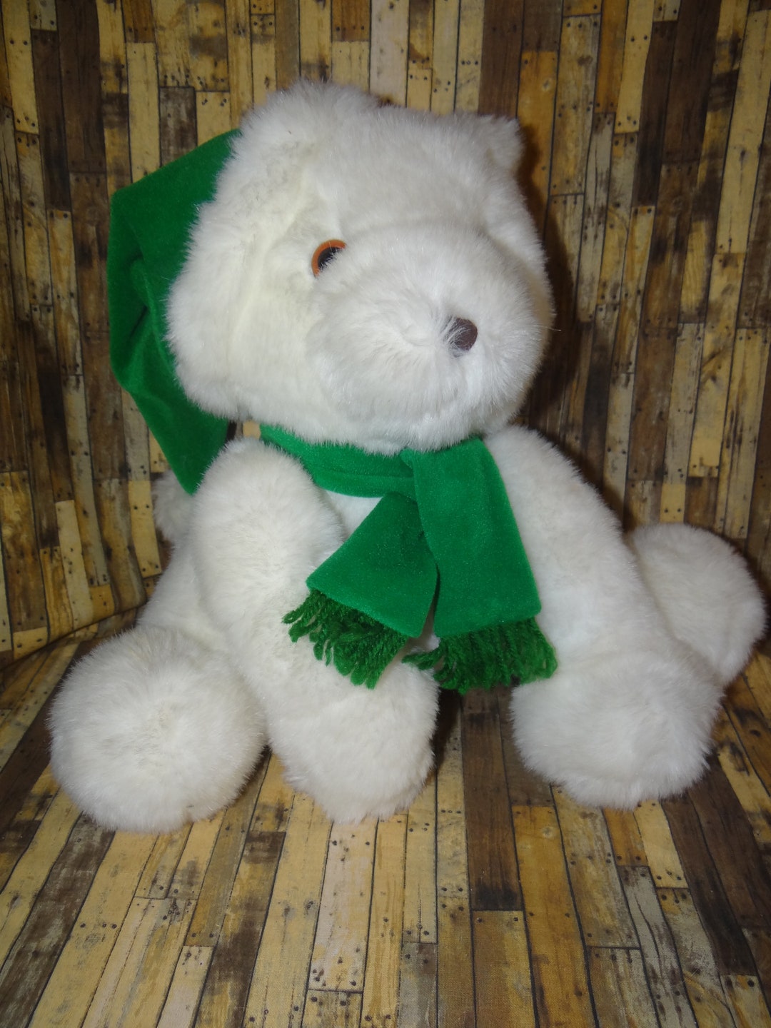 Vintage Christmas Bear With Hat and Scarf by Plush - Etsy