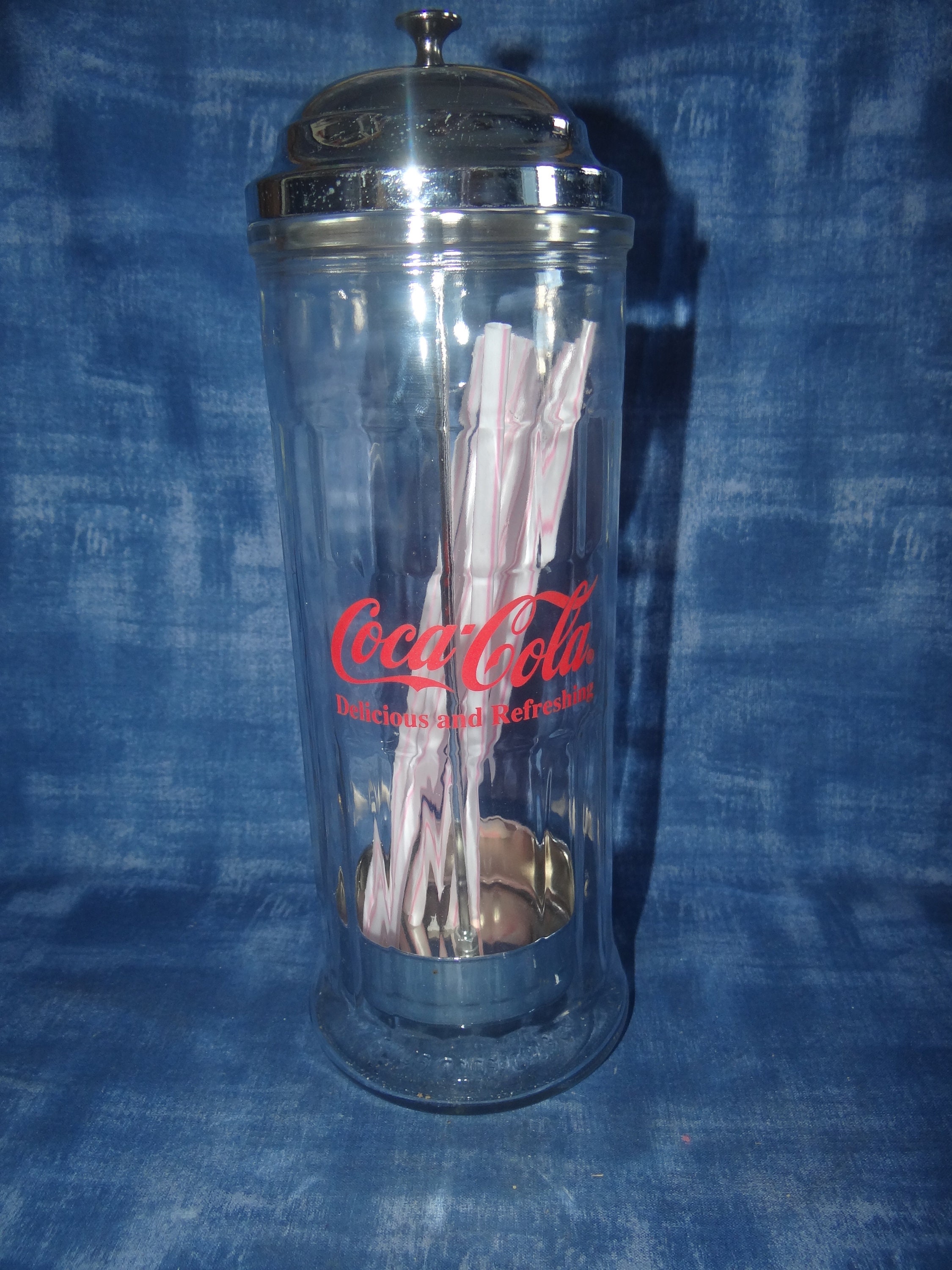 Coca Cola 5 cents Small Straw Glass Dispenser & Metal Top 6 No Straws