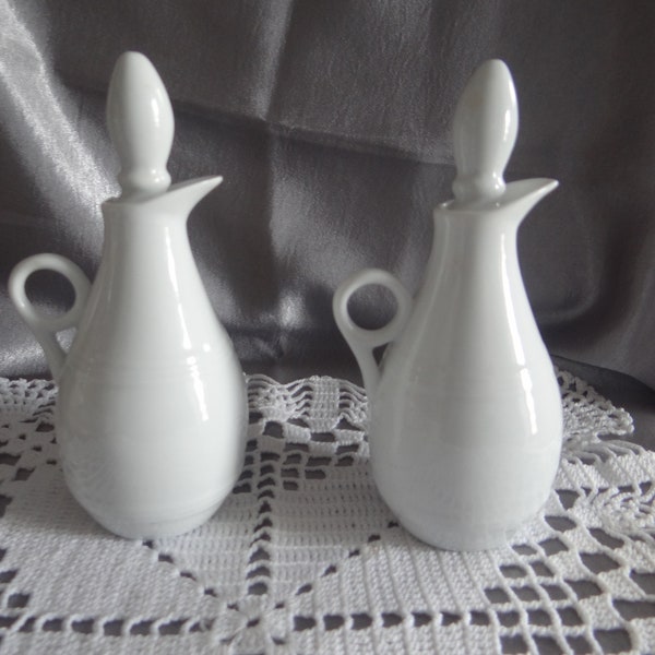 Vintage Cruet Bottles .. White with all glass stoppers.. Two Available.. Sold Separately