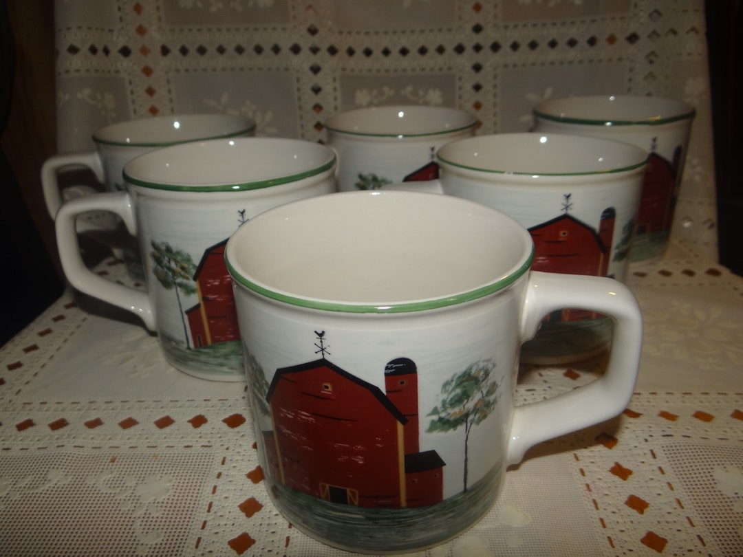 Six Vintage Farm Decor Mugs.. by Tienshan Stoneware.. Prairie Style