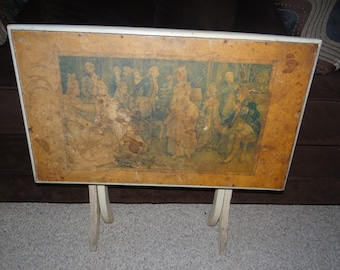 VERY RARE ITEM!!! Vintage  Fordable Wood Table with "The Rectial Painting" by Ettora Simonetti...  Italian Artist of 1857-1909