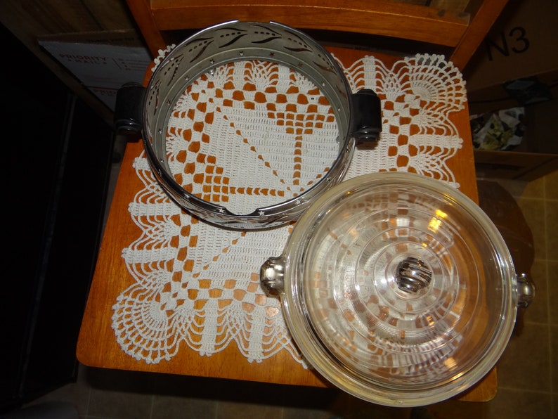 Vintage Glasbake Covered Casserole Dish with Stainless Steel Cradle