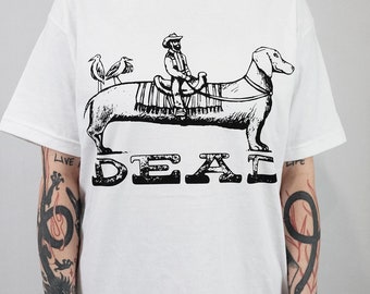 Wild West Hot Dog Cowboy T-Shirt: Quirky Tattoo-Inspired Pet Illustration for Dog Lovers