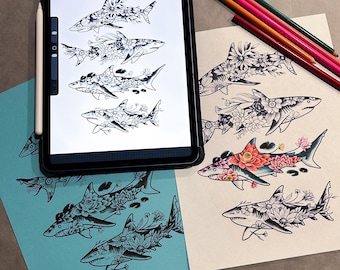 Ocean Garden Sharks: Digital Print Sheet - Blackwork Flash by Canadian Artist
