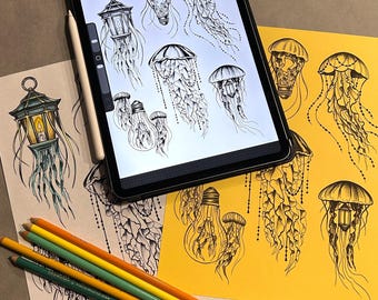 Surreal Ocean Jellyfish Printable Art Sheet, Colouring Page, Procreate File, Instant Download
